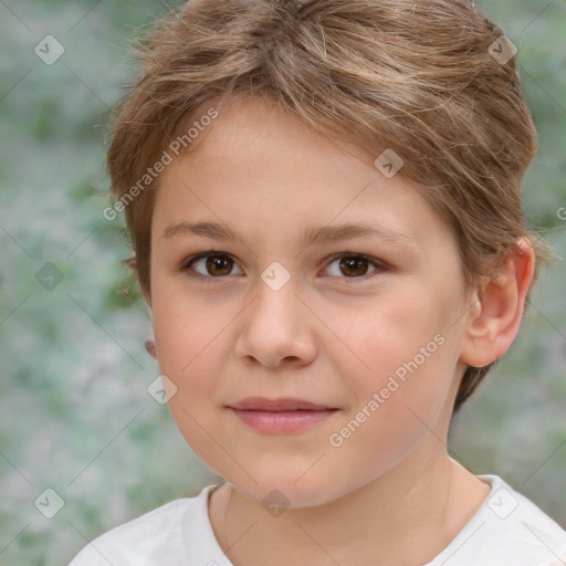 Joyful white child female with short  brown hair and brown eyes