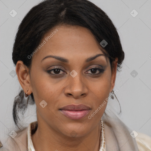 Joyful black young-adult female with long  brown hair and brown eyes