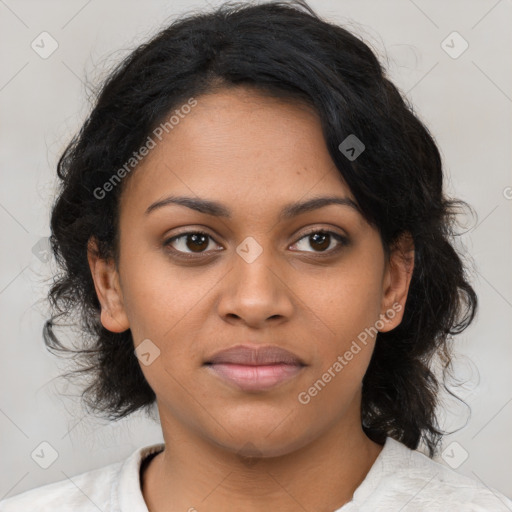 Joyful black young-adult female with medium  black hair and brown eyes