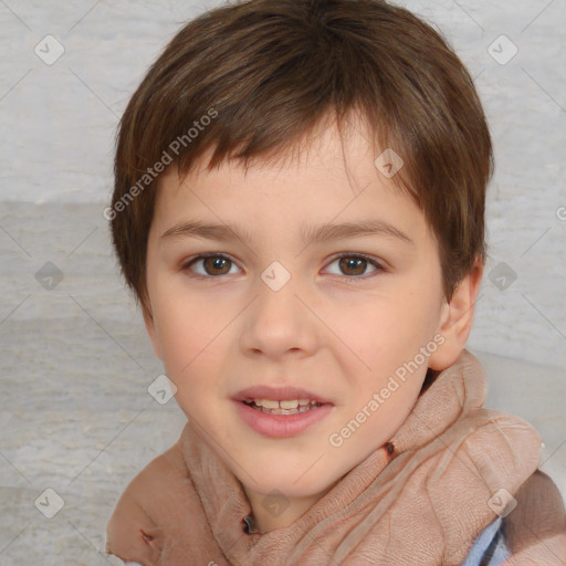 Joyful white child female with short  brown hair and brown eyes