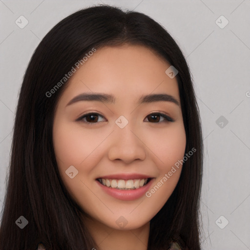 Joyful white young-adult female with long  brown hair and brown eyes