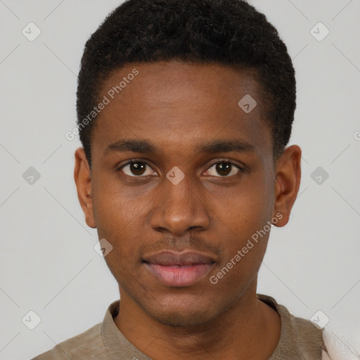 Neutral black young-adult male with short  black hair and brown eyes