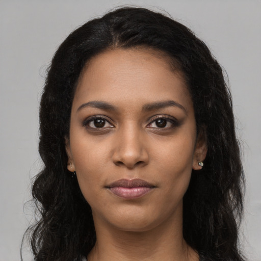 Neutral black young-adult female with long  black hair and brown eyes