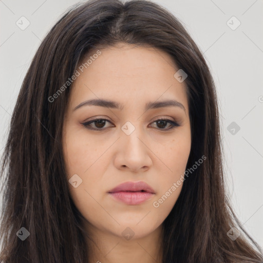 Neutral asian young-adult female with long  brown hair and brown eyes