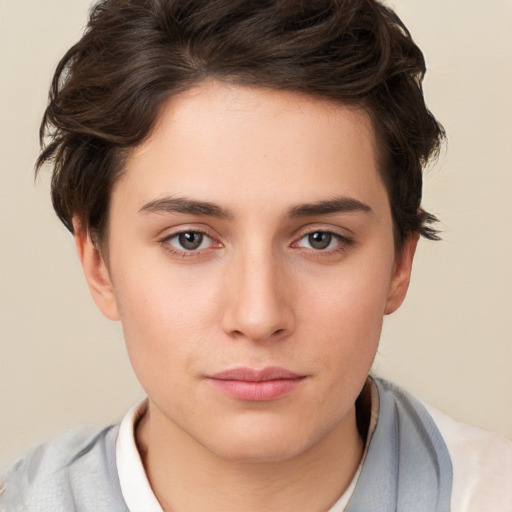 Neutral white young-adult female with short  brown hair and brown eyes