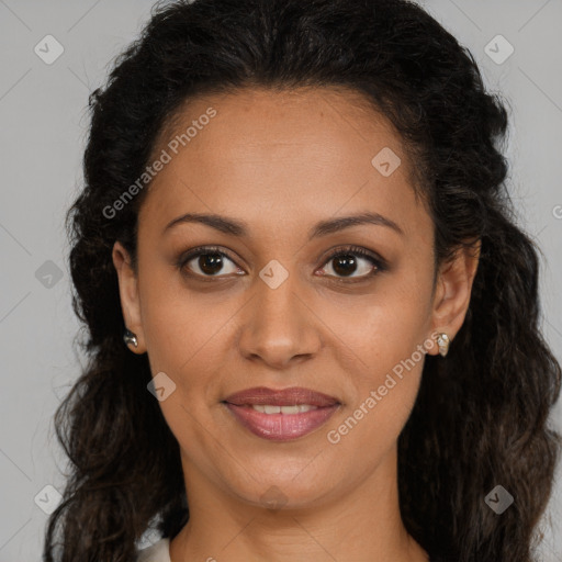 Joyful latino young-adult female with long  brown hair and brown eyes