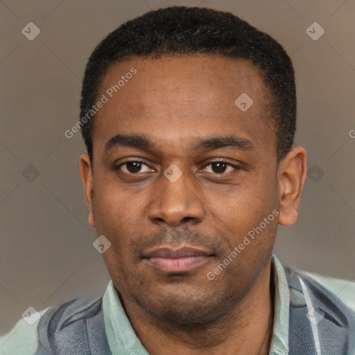 Neutral latino adult male with short  black hair and brown eyes