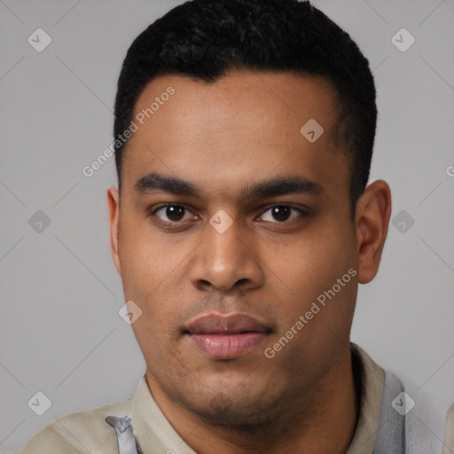 Neutral latino young-adult male with short  black hair and brown eyes