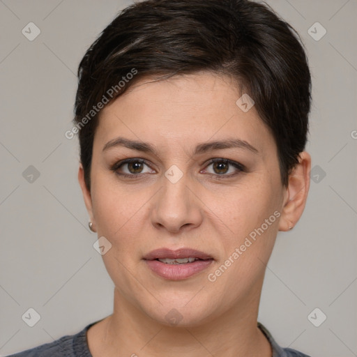 Joyful white young-adult female with short  brown hair and brown eyes