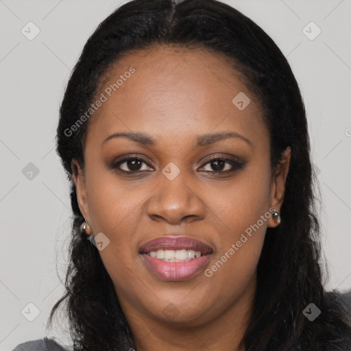 Joyful latino young-adult female with long  black hair and brown eyes