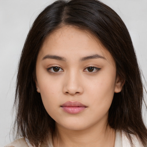 Neutral white young-adult female with medium  brown hair and brown eyes
