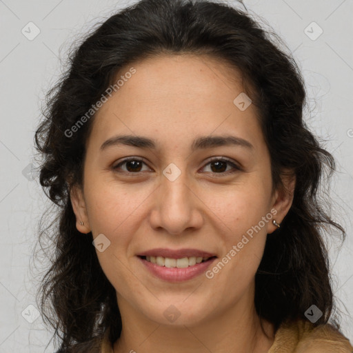 Joyful white adult female with medium  brown hair and brown eyes