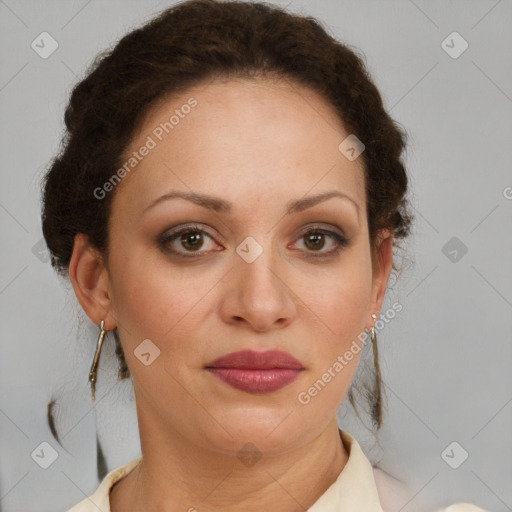 Joyful white adult female with short  brown hair and brown eyes