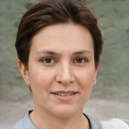 Joyful white adult female with short  brown hair and grey eyes