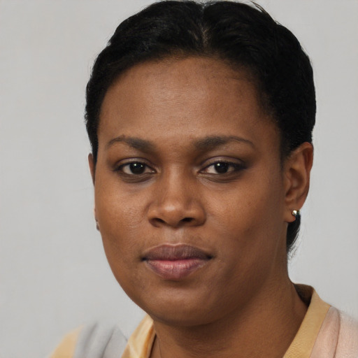 Neutral black young-adult female with short  black hair and brown eyes