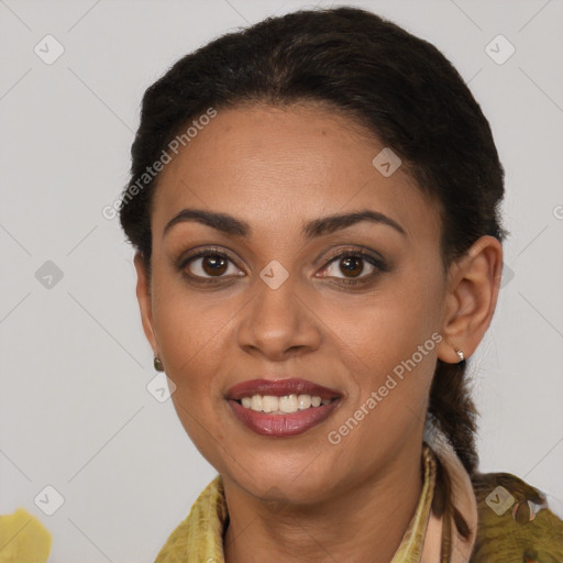 Joyful latino young-adult female with short  brown hair and brown eyes