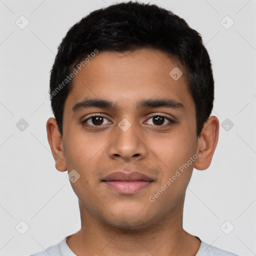 Neutral latino young-adult male with short  black hair and brown eyes