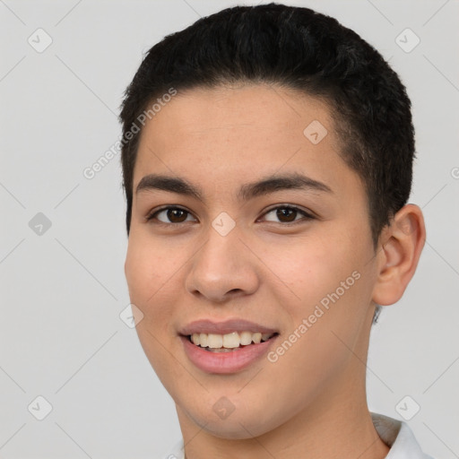 Joyful white young-adult female with short  black hair and brown eyes