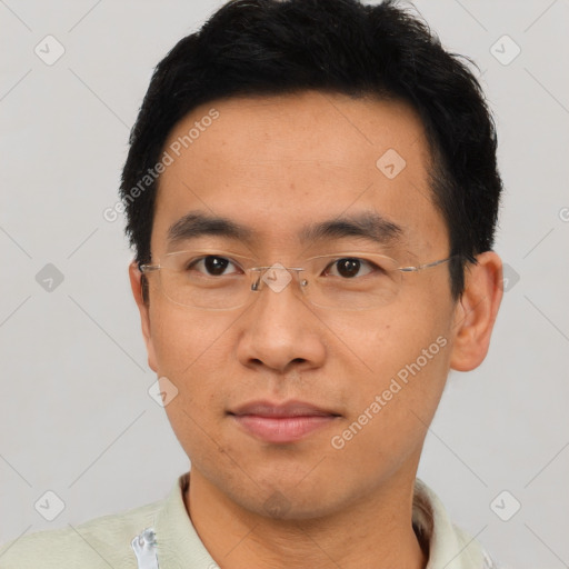 Neutral asian adult male with short  black hair and brown eyes