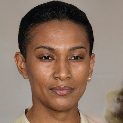 Neutral latino young-adult female with short  black hair and brown eyes