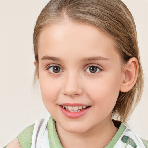 Joyful white child female with medium  brown hair and blue eyes