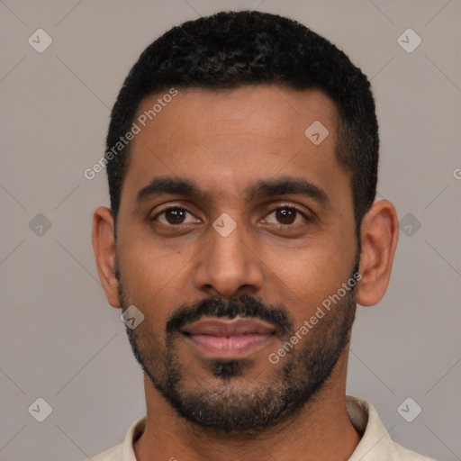 Neutral black young-adult male with short  black hair and brown eyes