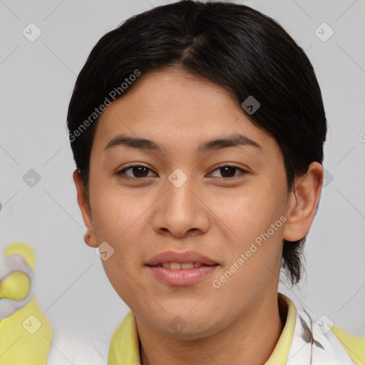 Joyful asian young-adult female with short  brown hair and brown eyes
