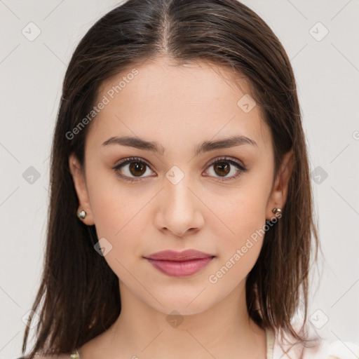 Neutral white young-adult female with medium  brown hair and brown eyes