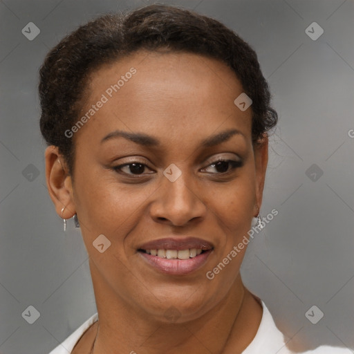 Joyful black young-adult female with short  brown hair and brown eyes