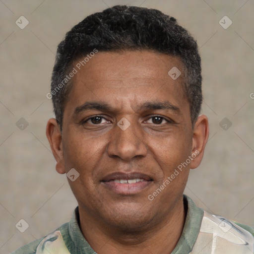 Joyful black adult male with short  black hair and brown eyes