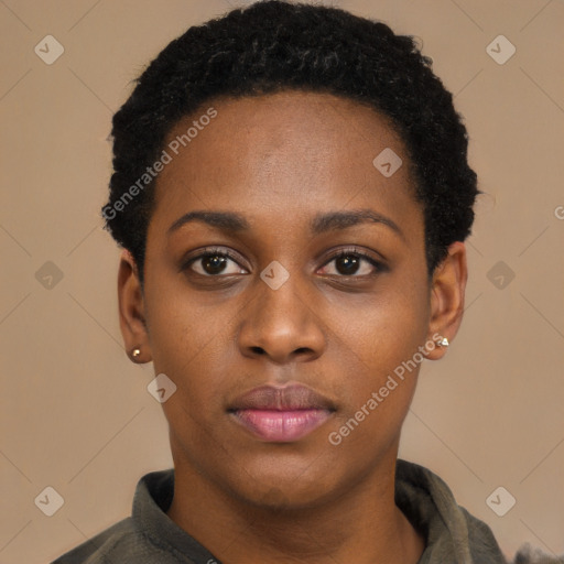 Neutral black young-adult female with short  black hair and brown eyes