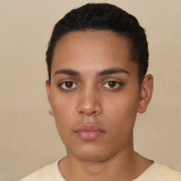 Neutral latino young-adult female with short  black hair and brown eyes