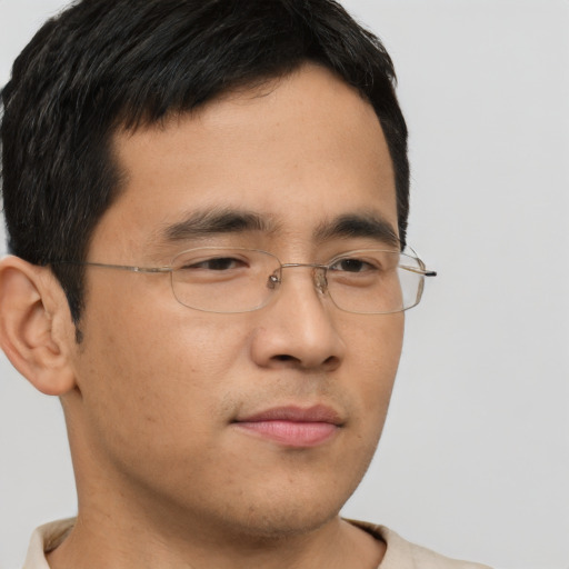 Neutral asian young-adult male with short  brown hair and brown eyes