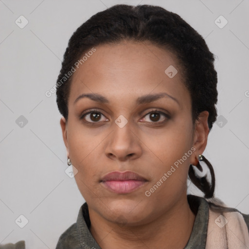 Neutral latino young-adult female with short  black hair and brown eyes