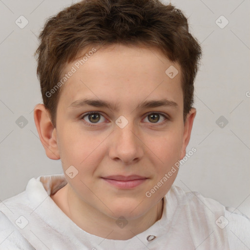 Joyful white child male with short  brown hair and brown eyes