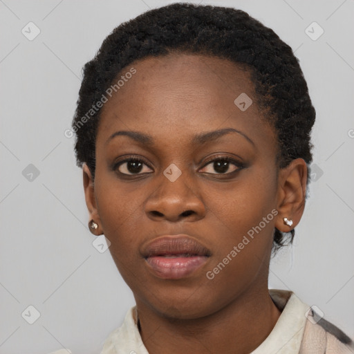 Neutral black young-adult female with short  black hair and brown eyes