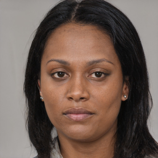 Neutral asian young-adult female with long  black hair and brown eyes