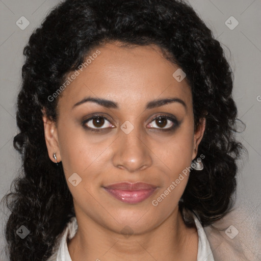 Joyful latino young-adult female with long  brown hair and brown eyes