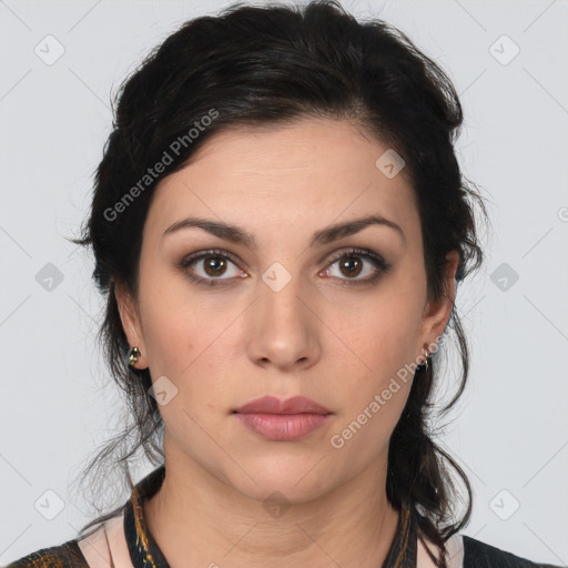 Neutral white young-adult female with medium  brown hair and brown eyes