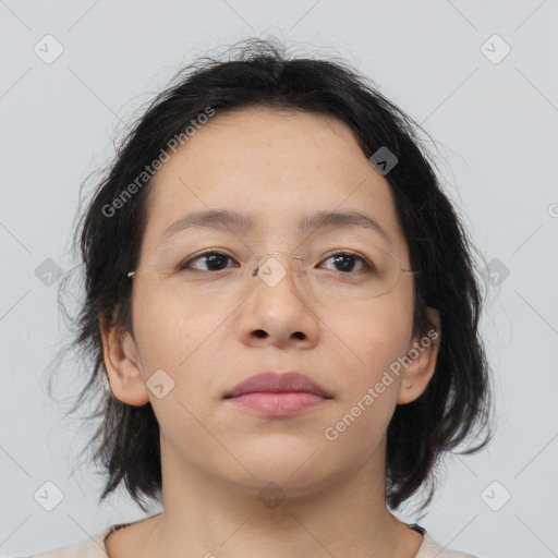 Neutral asian young-adult female with medium  brown hair and brown eyes