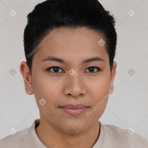 Joyful asian young-adult female with short  brown hair and brown eyes