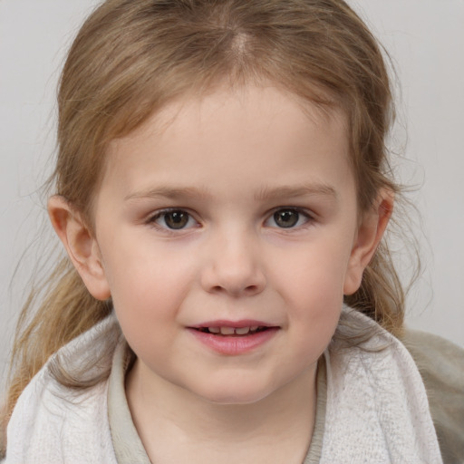 Joyful white child female with medium  brown hair and blue eyes