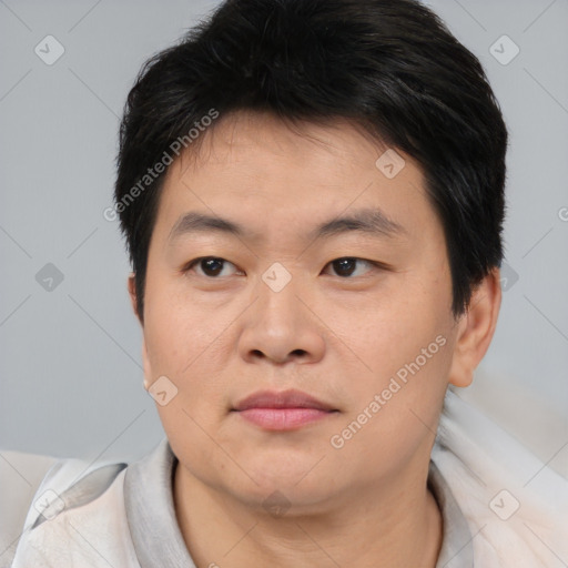 Neutral asian young-adult male with short  brown hair and brown eyes