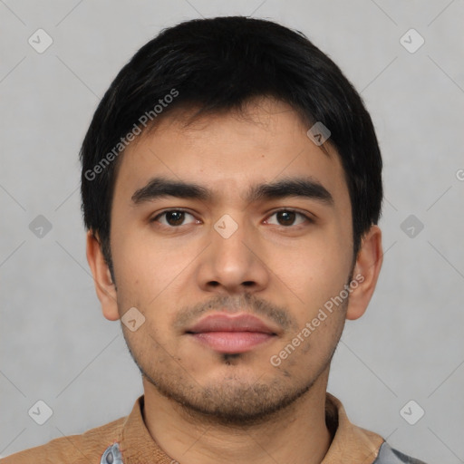 Neutral asian young-adult male with short  black hair and brown eyes