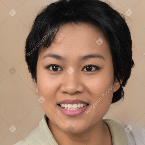 Joyful asian young-adult female with medium  black hair and brown eyes