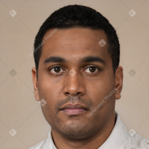 Neutral black young-adult male with short  black hair and brown eyes