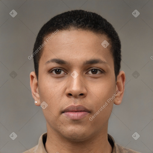 Neutral latino young-adult male with short  brown hair and brown eyes