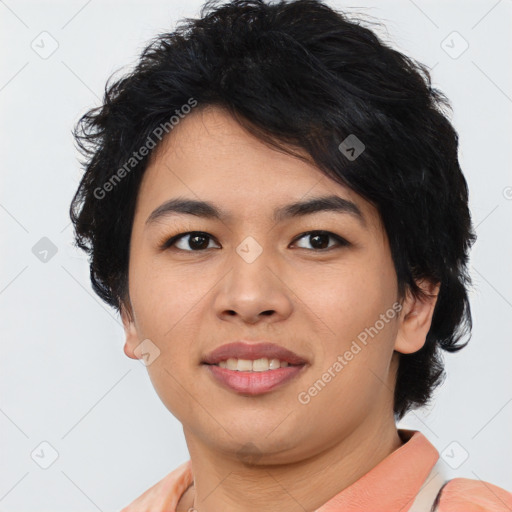 Joyful asian young-adult female with short  black hair and brown eyes