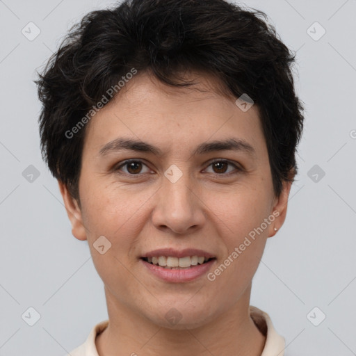 Joyful white young-adult female with short  brown hair and brown eyes