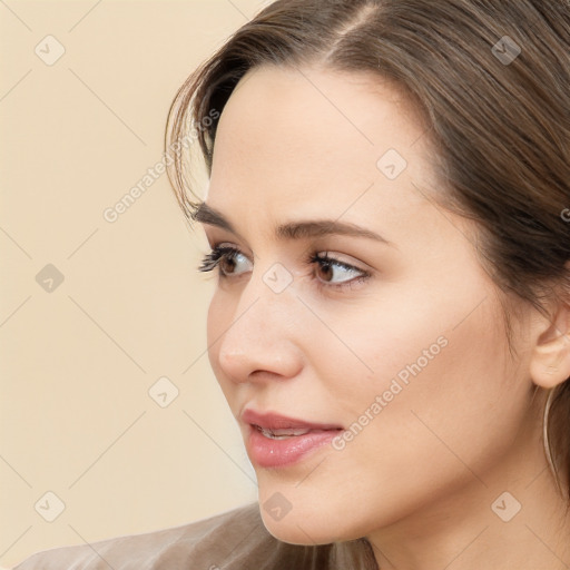 Neutral white young-adult female with medium  brown hair and brown eyes